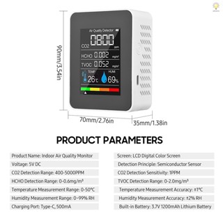 Cosh เครื่องตรวจจับคุณภาพอากาศ CO2 5 in 1 ฟอร์มาลดีไฮด์ HCHO TVOC หน้าจอ LCD อุณหภูมิความชื้น ชาร์จได้ สัญญาณเตือน CO2 สําหรับห้อง สํานักงาน เรือนกระจก