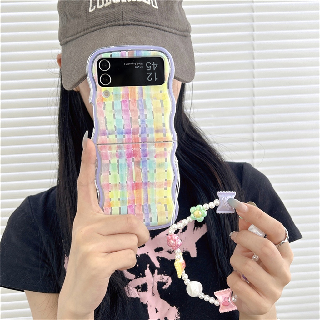 เกาหลีน่ารักgraffitiตารางบล็อกคลื่นโปร่งใสสร้อยข้อมือสําหรับgalaxy Z Flip 5 Flip6 zflip6 Z Flip5 Flip4 Zflip3 Zflip3 ฝาครอบ