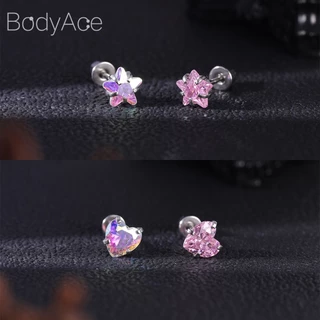 Bodyace 1 ชิ้น 3-8 มม. คริสตัล สกรู แบน ด้านหลัง ต่างหูสเตนเลส กระดูกอ่อน ต่างหูสตั๊ด ดอกไม้ ดาว หัวใจ ต่างหูสตั๊ด