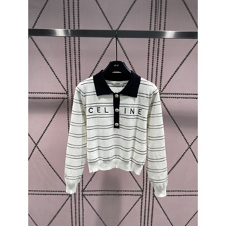 0FT9 C- ELINE 2023 College style embroidered letter stripe contrast color long sleeve all-match knitted top