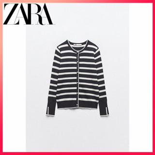 Zara ใหม่ เสื้อแจ็กเก็ตเบสิค ลายทาง สําหรับผู้หญิง