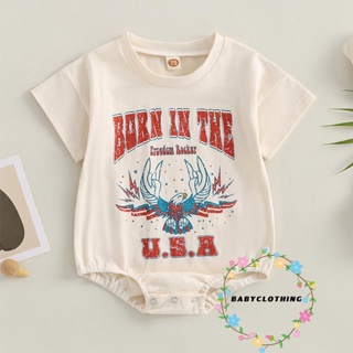 Babyclothes- ชุดจั๊มสูทรอมเปอร์ แขนสั้น คอกลม พิมพ์ลายตัวอักษร นกอินทรีย์ วันประกาศอิสรภาพ แฟชั่นฤดูร้อน สําหรับเด็กทารกผู้ชาย และเด็กผู้หญิง