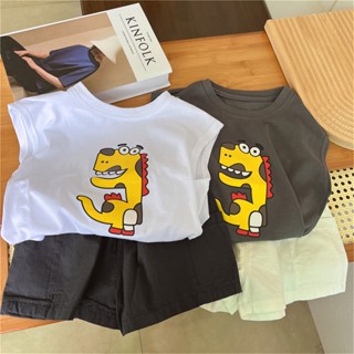 พร้อมส่ง ลดกระหน่ํา เสื้อยืดแขนกุด ผ้าฝ้ายแท้ ลายการ์ตูนไดโนเสาร์ตัวเล็ก สไตล์เกาหลี ญี่ปุ่น แฟชั่นฤดูร้อน สําหรับเด็กผู้ชาย