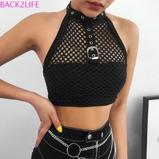 Back2life เสื้อสายเดี่ยว ผู้หญิง แฟชั่น พร้อมสร้อยคอ ปาร์ตี้ คลับแวร์ โกธิค หัวเข็มขัด โกธิค คามิ