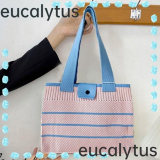 Eucalytus1 กระเป๋าถือ กระเป๋าช้อปปิ้ง ผ้าถัก ลายทาง ความจุสูง ใช้ซ้ําได้ สําหรับผู้หญิง