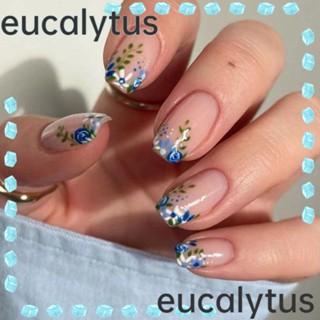 Eucalytus1 เล็บปลอม รูปดอกกุหลาบ สีฟ้า สไตล์ฝรั่งเศส สําหรับตกแต่งเล็บ 24 ชิ้น