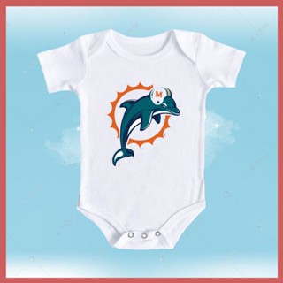 Miami Dolphins ชุดจั๊มสูทรอมเปอร์ แขนสั้น ผ้าฝ้ายแท้ ระบายอากาศ พิมพ์ลายผีเสื้อ ทีมรักบี้ NFL สําหรับเด็กทารกแรกเกิด