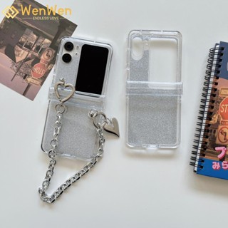 Wenwen เคสโทรศัพท์มือถือแบบใส ฝาพับ แต่งกลิตเตอร์ สีเงิน พร้อมสายโซ่คล้อง สามชิ้น สําหรับ OPPO Find N2