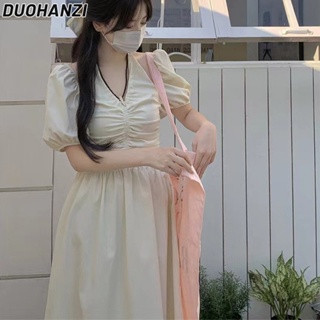 Duohanzi ใหม่ ชุดเดรสกระโปรงยาว คอวี เปิดหลัง สีพื้น สไตล์ฝรั่งเศส เรโทร แฟชั่นฤดูร้อน สําหรับสตรี 2023