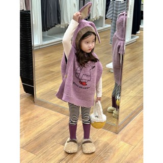 Korean style childrens clothing 2023 Autumn New girls hooded knitted vest bottoming shirt striped leggings three-piece set DQ1M