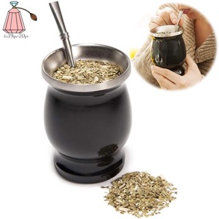 Yerba Mate ชุดน้ําเต้าสเตนเลส แบบสองชั้น และหลอดดูดชา 8 ออนซ์ สีดํา