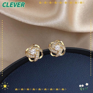 Clever ต่างหูสตั๊ด ประดับเพชร คริสตัล เพทาย สีทอง คุณภาพสูง เครื่องประดับแฟชั่นสตรี 2 ชิ้น