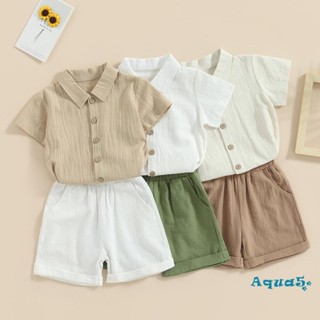 Aqq- ชุดเสื้อยืด แขนสั้น กระดุม สีพื้น กางเกงขาสั้น ยืดหยุ่น แฟชั่นฤดูร้อน สําหรับเด็กผู้ชาย อายุ 4-7 ปี 2 ชิ้น