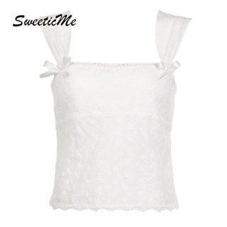 Sweeticme ใหม่ เสื้อกล้ามลําลอง เข้ารูป แต่งลูกไม้ ประดับโบว์ สีพื้น แฟชั่นสําหรับสตรี 2023