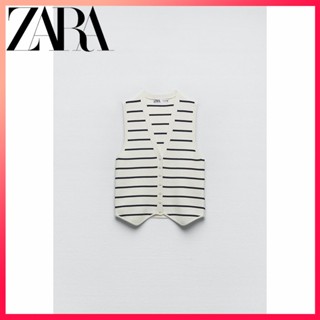 Zara ใหม่ เสื้อแขนกุด คอวี ผ้าถัก ลายทาง สําหรับผู้หญิง