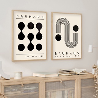 Bauhaus Mid Century โปสเตอร์ภาพวาดผ้าใบ รูปเรขาคณิต สีดํา สีเบจ สไตล์โมเดิร์น สําหรับตกแต่งผนังบ้าน ห้องนั่งเล่น