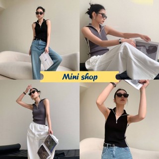 Mini shop🌸พร้อมส่ง🌸 (85147) เสื้อไหมพรมคอปกแขนกุด ผ้าร่องใส่สบายสตรีทมาก