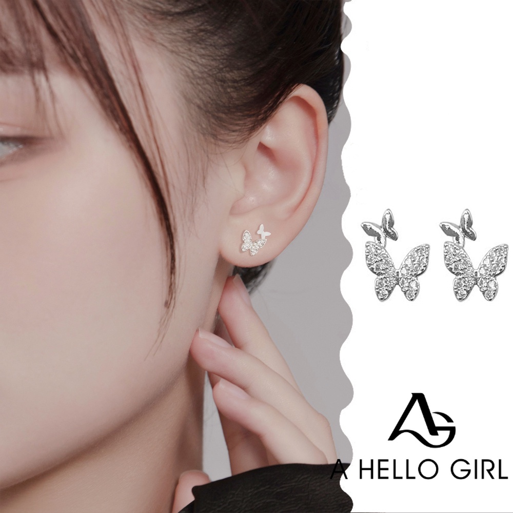 A HELLO GIRL ต่างหูสตั๊ด รูปผีเสื้อ ประดับพลอยเทียม สีเงิน น่ารัก แฟชั่นสําหรับผู้หญิง