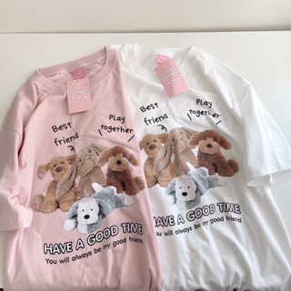 S155 เสื้อยืด oversize ผ้าคอตตอน สไตล์มินิมอล สกรีน best friend play together