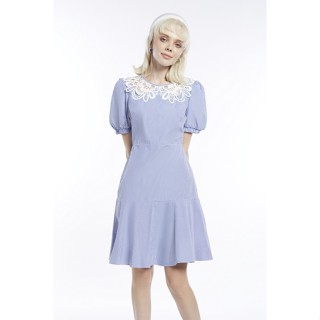 EP เดรสลายทางแต่งคอปกผ้าลูกไม้ ผู้หญิง สีฟ้า | Lace Collar Stripe Dress | 0811