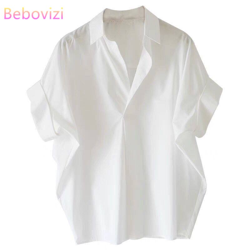 เสื้อเชิ้ตแขนทรงปีกค้างคาว คอวี ทรงหลวม สีดํา และสีกากี สไตล์เกาหลี สําหรับผู้หญิง