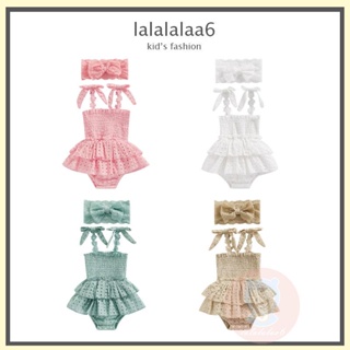 Laa6- ชุดรอมเปอร์ ประดับโบว์ แต่งลูกไม้ พร้อมที่คาดผม สีพื้น สําหรับเด็กทารกผู้หญิง