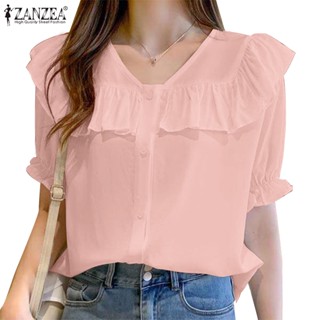 Zanzea เสื้อเชิ้ต คอวี แขนพอง แต่งระบาย สไตล์เกาหลี สําหรับผู้หญิง
