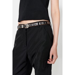 Our legacy Flower riveted needle buckle dagger black leather belt perforated fashion belt for men and women alike