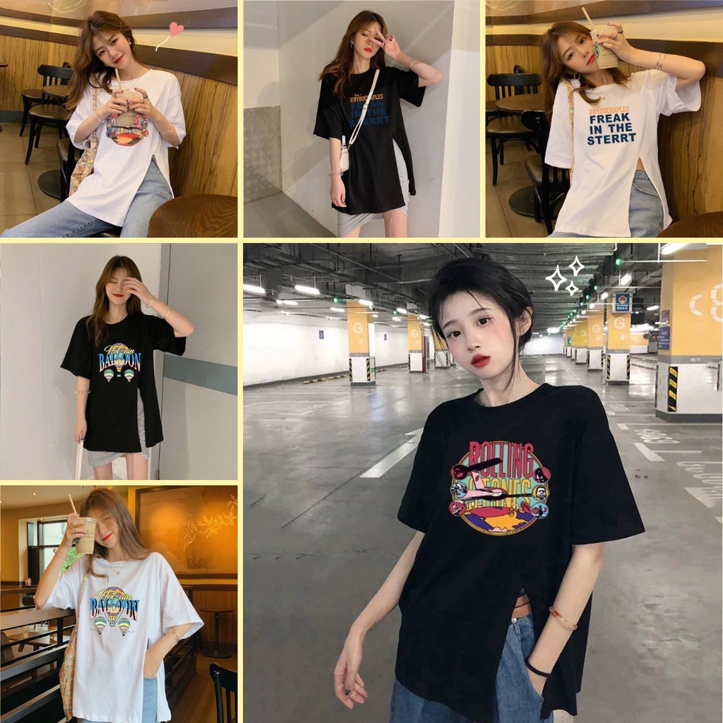 เสื้อสกรีนลาย สไตล์เกาหลี oversize ผ่าข้าง คอกลมแขนสั้น น่ารัก #C011
