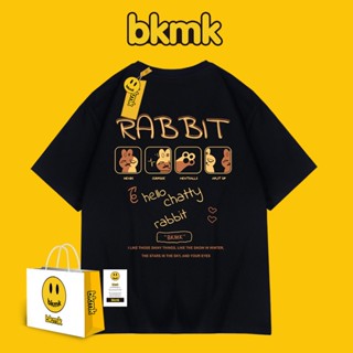 Bkmk เสื้อยืดลําลอง ผ้าฝ้าย แขนสั้น ครึ่งแขน พิมพ์ลาย ทรงหลวม สีดํา เหมาะกับฤดูร้อน สําหรับผู้ชาย ผู้หญิง