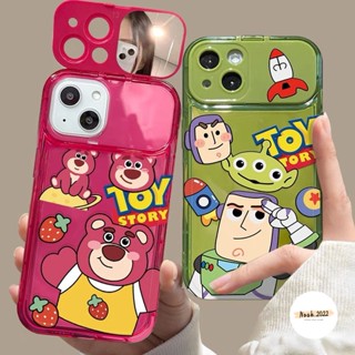 เคสโทรศัพท์มือถือแบบนิ่ม ฝาพับกระจกแต่งหน้า ลายการ์ตูน Toy Story Buzz Lightyear หมีสตรอเบอร์รี่น่ารัก สําหรับ Oppo A15 A7 A12 A57 A3s A53 A9 A5 A77 A5s A31 A15s A33 2020 A35 A77S A11K