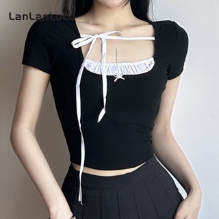 Lanlanlolo เสื้อยืดลําลอง แขนสั้น คอกลม เข้ารูป สีตัดกัน สําหรับสตรี 2023