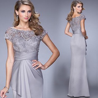 ชุดเดรสราตรี คอกลม แขนสั้น แต่งลูกไม้ หรูหรา สีเทา สีเงิน เห…