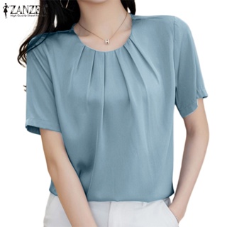 Zanzea เสื้อเบลาส์ คอกลม แขนสั้น ผ้าซาติน สีพื้น สไตล์เกาหลี สําหรับผู้หญิง