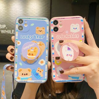 เคสโทรศัพท์มือถือแบบนิ่ม TPU ลายการ์ตูนหมีบิสกิต พร้อมขาตั้ง และสายคล้อง สําหรับ OPPO A15 A15S