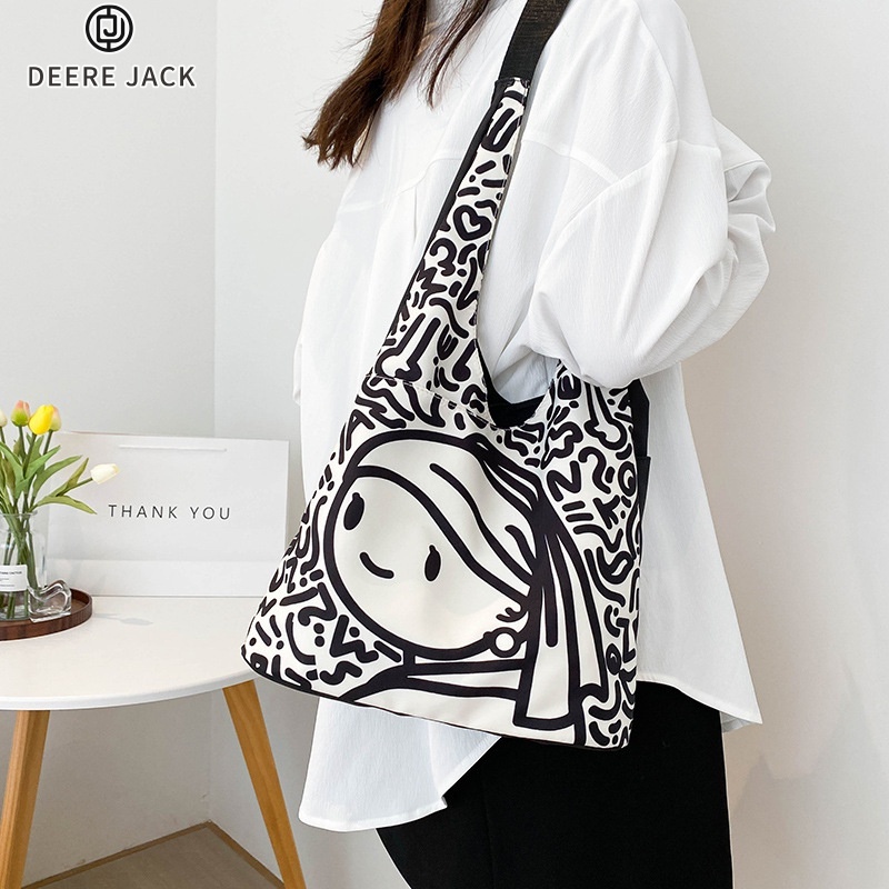 Deere Jack กระเป๋านักเรียนวิทยาลัยกระเป๋าผ้าแคนวาสฝรั่งเศส Van Gogh บุคลิกภาพสบาย ๆ ไหล่ความจุขนาดใหญ่