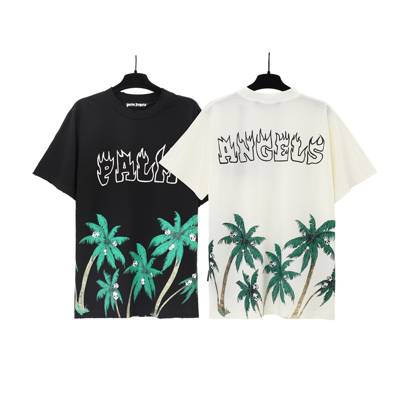 สตรีทแฟชั่น 9AL7M ผู้ชายและผู้หญิงผ้าฝ้ายเสื้อยืด Burning Letter Coconut Tree พิมพ์เสื้อแขนสั้นเสื้อลําลอง Unisex
