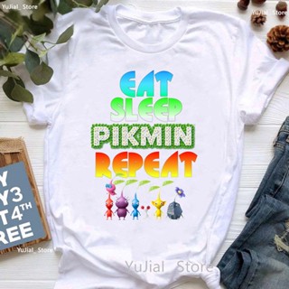 เสื้อยืด พิมพ์ลายกราฟฟิค Eat Sleep Pikmin สีขาว แฟชั่นฤดูร้อน สไตล์ฮาราจูกุ สําหรับผู้หญิง