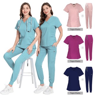 【พร้อมส่ง】ใหม่ ชุดเสื้อยืดแขนสั้น คอวี และกางเกงจ็อกกิ้ง ระบายอากาศ แบบผูกเชือก แฟชั่นหมอ และพยาบาล สําหรับผู้หญิง