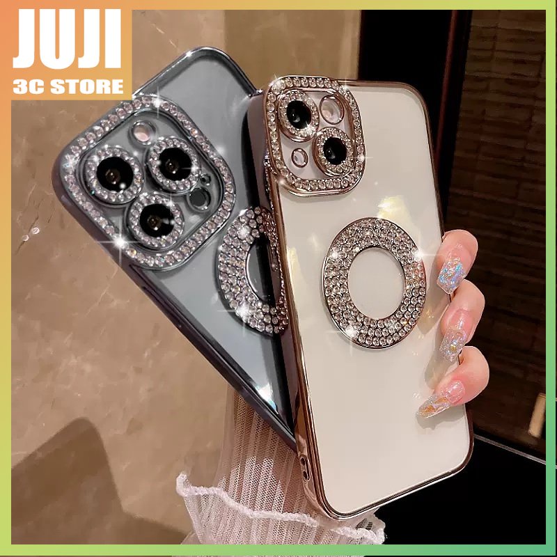Juji เคสโทรศัพท์มือถือแบบใส กันกระแทก ลายโลโก้สังคม เพชร สีม่วง หรูหรา สําหรับ Iphone 15 14 Pro Max Plus 13 12 11 Pro Max