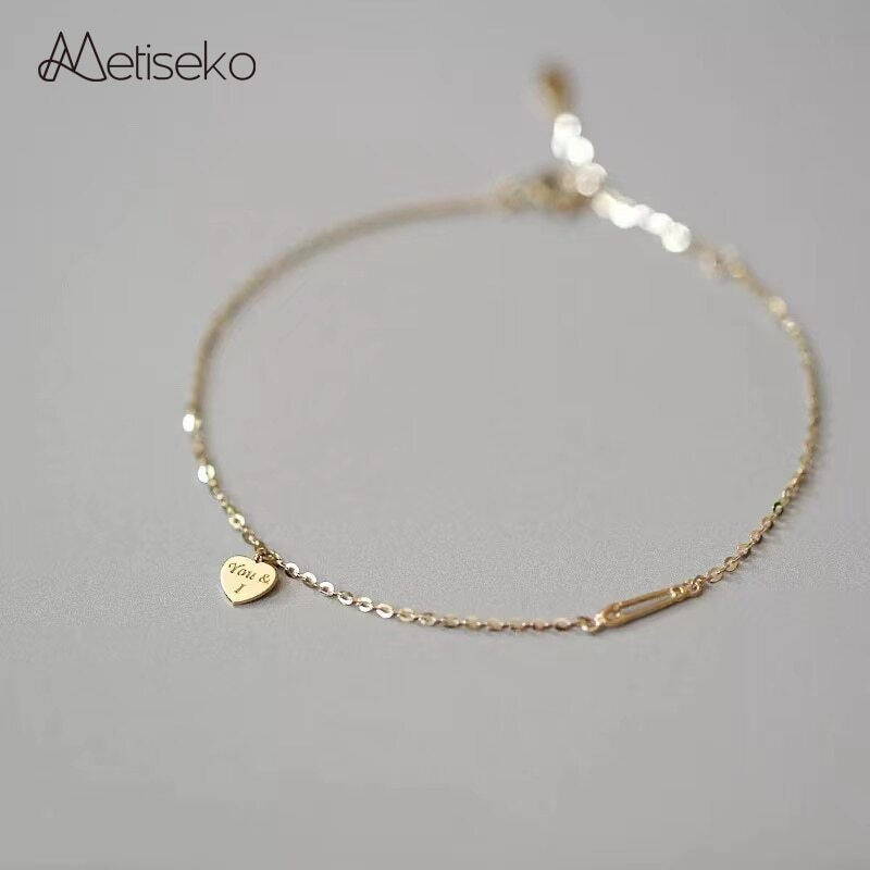 Metiseko สร้อยข้อมือเงินแท้ 925 ชุบทอง 14K จี้ตัวอักษร You and I สีเหลือง สําหรับผู้หญิง