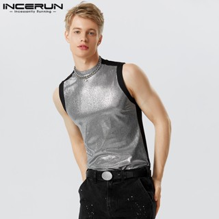 Incerun Flash Splice เสื้อกล้าม คอสูง แบบครึ่งตัว