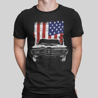  พิมพ์ลาย คอกลม 1969 ใหม่ เสื้อยืดลําลอง แขนสั้น พิมพ์ลาย Mercury Cougar Front Grill View Silhouette With Us Flag สําหรั