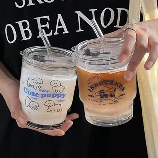 แก้วกาแฟ ลายการ์ตูนลูกสุนัข พร้อมฝาปิด สไตล์เกาหลี ของแท้ สําหรับใส่เครื่องดื่ม อาหารเช้า