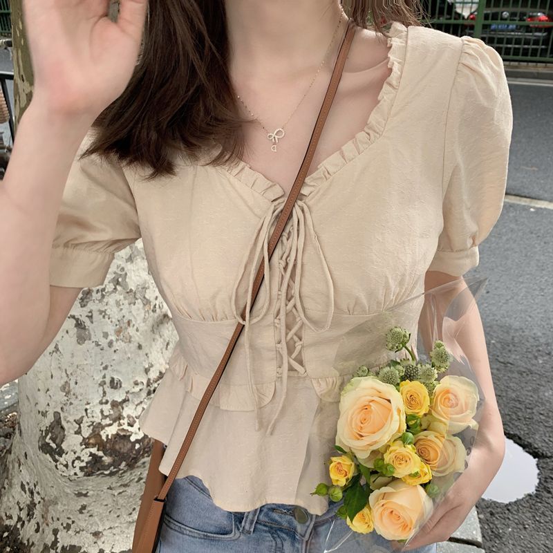 Classy .girl～แขนสั้น สีทึบฝรั่งเศสกระชับเอวของคุณคอวีเสื้อแขนสั้นฟอง เวอร์ชั่นเกาหลีหวานและมีสไตล์เก๋แขนสั้น#DZ00524