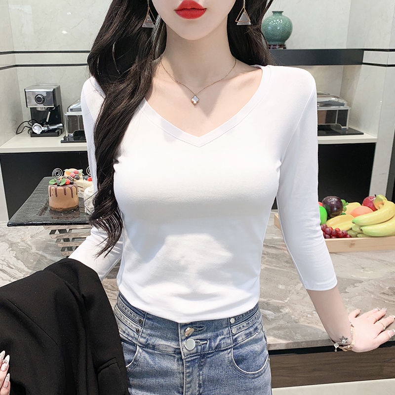 เสื้อยืดแขนสั้น คอวี ผ้าฝ้ายแท้ เข้ากับทุกการแต่งกาย สีขาว สไตล์เกาหลี และญี่ปุ่น สําหรับผู้หญิง 2023