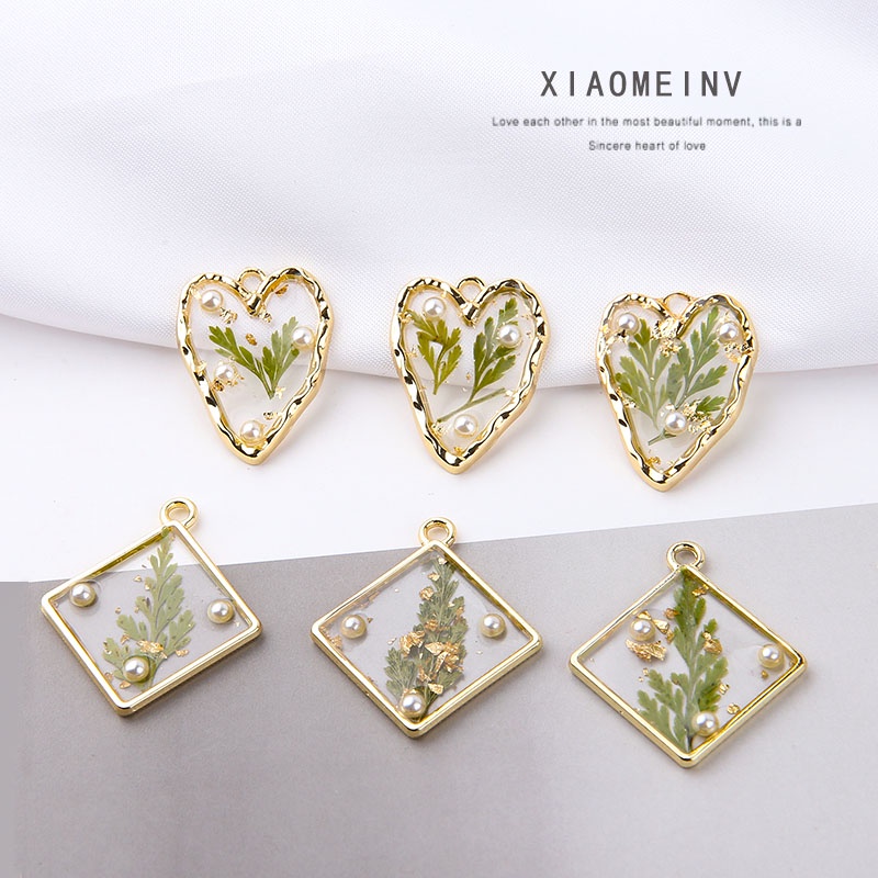 เครื่องประดับ ต่างหู จี้ดอกไม้แห้ง ประดับไข่มุก และเพชร และฟอยล์สีทอง แบบใส แฮนด์เมด DIY สไตล์เกาหลี และญี่ปุ่น