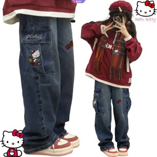 SANRIO กางเกงยีนขากว้าง เอวสูง ทรงตรง ลายการ์ตูนอนิเมะ Hello Kitty Y2k สไตล์วินเทจ สําหรับผู้หญิง [RAIN]