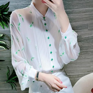 เสื้อเชิ้ต แขนยาว ผ้าชีฟอง ปักลายอินดี้ฮิปสเตอร์ สีขาว สําหรับผู้หญิง 2023