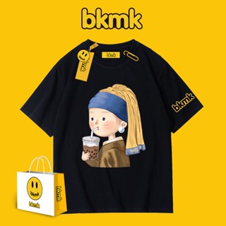 Bmk เสื้อยืดแขนสั้น ทรงหลวม ลายภาพวาดสีน้ํามัน สไตล์อเมริกัน เรโทร เหมาะกับฤดูร้อน สําหรับผู้ชาย